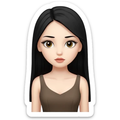 Cabelos pretos longos lisos ,olhos pretos escuros puxadinho para cima com cílios grandes Pele clara ,nariz pequeno ,lábios mais carnudos ,adolescente 16 anos , com vestido de alinhamento sticker