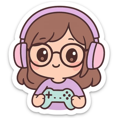 female brunette with glasses and a purple gaming headset, chibi style, holding a game controller sticker