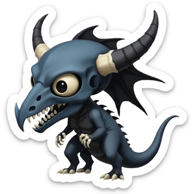 Shiny Dark Edgy  Duskull-Salandit-Inteleon-Amaura-Fakémon-hybrid-creature (full body) with a horned animal-skull-mask sticker