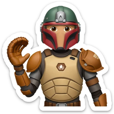 Mandalorian using a Catcher's mitt.  He looks ready to catch a ball.  Make the catcher's glove oversized.  Put a dark visor in the helmet.   sticker