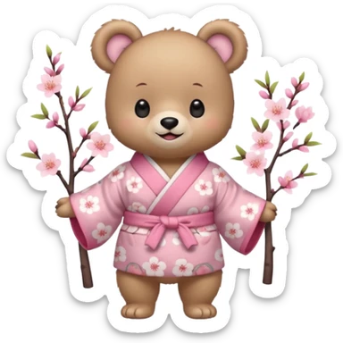 A cute baby bear character in pastel style, standing upright like a human. 
Light brown soft fur, large round ears, rounded paws and feet. 
Big cute black dot eyes, medium blush cheeks, and a tiny smiling mouth. 
Wearing a pink kimono with soft cherry blossom patterns on the sleeves and bottom,  sticker