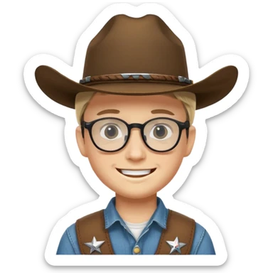 Smiling boy with cow boy hat . With chin strap and black glasses  sticker