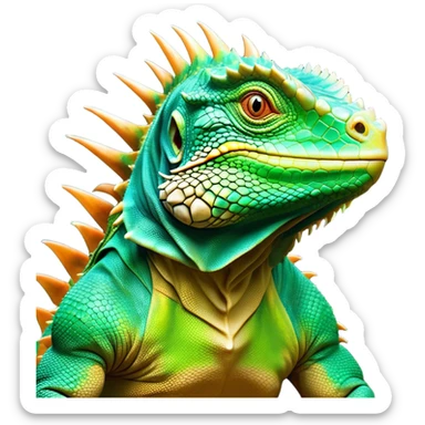 Cinematic Noble Iguana Portrait Emoji, Poised and majestic, with a robust, muscular build and a vibrant, scaly body accented by a prominent spiky crest and keen, observant eyes, Simplified yet sharp and sophisticated features, highly detailed, glowing with a soft, jungle radiance, high shine, intelligent and formidable, stylized with an air of ancient reptilian authority, focused and commanding, soft glowing outline, capturing the essence of a watchful guardian that appears ready to stride out of the screen with effortless might! sticker