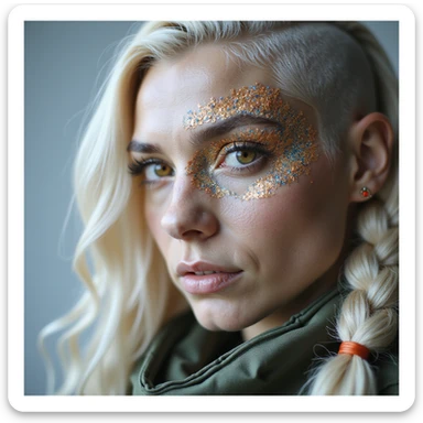 close up of a "20 crisp" banknote. futuristic, cyberpunk. stellar and planetary style designs adorn the bill. the face pictures is a woman in her 20's, gold yellow eyes, white hair in a single long braid, side of head shaved. she wears a military flight bdu sticker