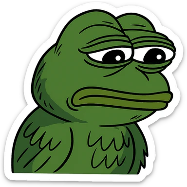 a sad crow in Pepe the Frog style, exaggerated eyes, meme vibe sticker