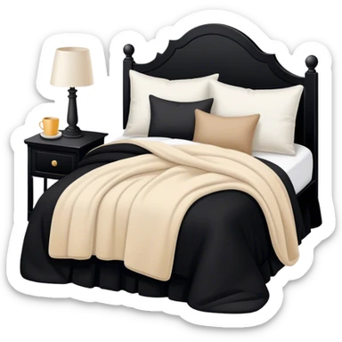 Black bed with pillows and blankets, cozy vibe white and beige sticker