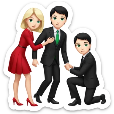 2 Person, prince, upright, black Hair, blue eyes, whole body, Woman, blonde Hair, Green eyes, bending knee, sleveless White Dress, sticker