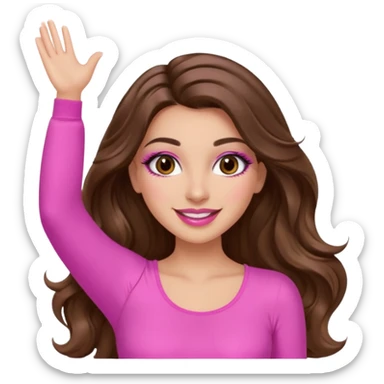 girl with long wavy brown hair, brown eyes, long lashes makeup, sexy pink lips, light to medium complexion, wearing a pink sexy top, both hands in the air high sticker