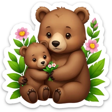 mother bear cuddling a bear cub with flowers sticker