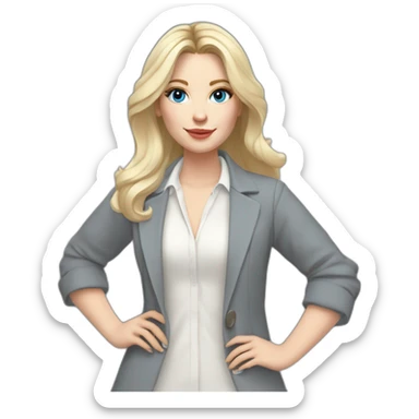 pale skin woman interior designer with cold blonde middle length hair, blue eyes, White blouse, Gray oversize jacket, Gray skirt holding a color palette in the hands sticker