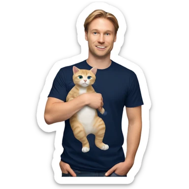 caucasian rich in navy blue t-shirt with a baby cat on this shoulder sticker