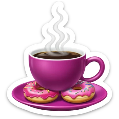 A steaming cup of coffee, magenta with a yellow butterfly print, sits on a magenta saucer with colorful donuts. sticker