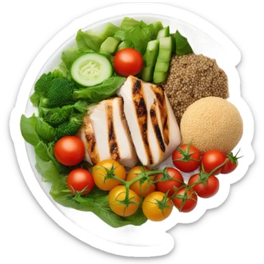 Look up on a large white round plate of healthy food sticker