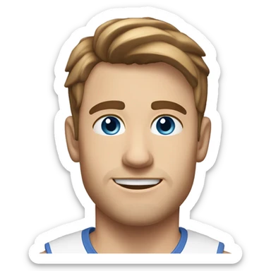 A head and shoulders shot of a 26 year old Caucasian man, with short brown hair,   with blue eyes wearing a t-shirt. sticker