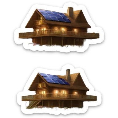 Skywalker Cabin is a clean Very big Wood Cabin near tree on the mountain in the background. The cabin is 5 stories tall with extensive solar arrays on top. The cabin sits on thick grass fields. porch lights on ,guests on porch smoking ,flowers and bushes  sticker