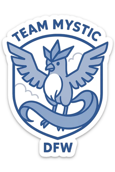 badge-style logo for Pokémon Go Team Mystic DFW with Articuno in center, 'Team Mystic' above, 'DFW' below, electric blue accents sticker