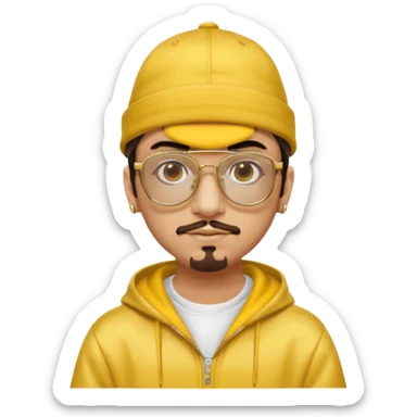 Ali G from Ali G Indahouse with brown eyes, dark brown hair, gold outfit, yellow glasses and hat sticker