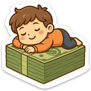 happy person napping on mattress of money sticker