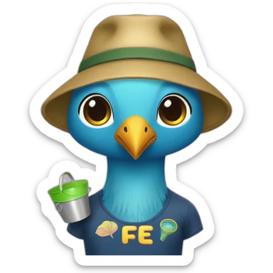 Peacok with bucket hat with the Word “FIE” sticker