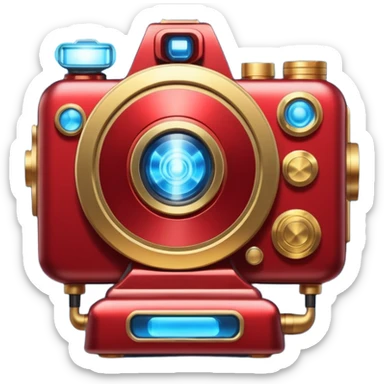 🎬🤖 Create a video project icon inspired by Iron Man: a sleek film camera with metallic red and gold accents, glowing with blue arc reactor energy. sticker
