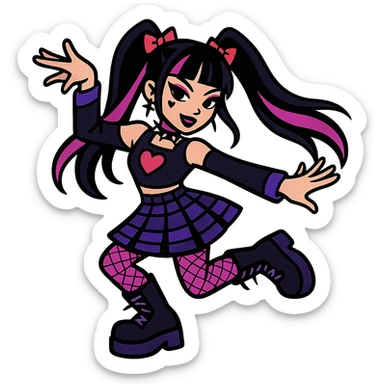 K-pop inspired gothic girl, vibrant toon style, bold colors, playful gothic fashion, dynamic dance pose sticker