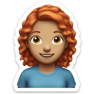 smiling girl in blue shirt with red hair sticker