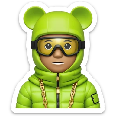 geometric bearbrick in lime green balaclava with brand tags, eyes replaced by integrated single-piece visor lens built into mask itself, not as separate glasses, down jacket with fur hood, gold chains sticker