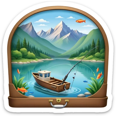 Icon for Fishing Travel: a boat on a calm lake surrounded by mountains and lush greenery, with fish jumping out of the water, a fishing rod, tackle box. The icon should capture the peaceful and adventurous nature of fishing trips. Transparent background. sticker