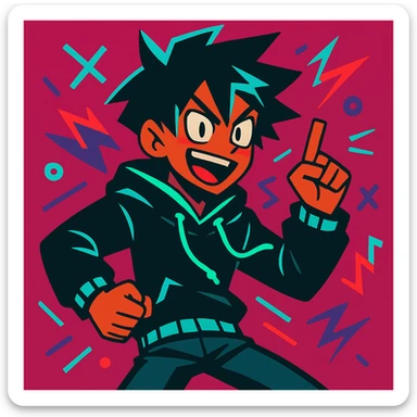 Maretu xydrick, energetic character, neon accents, expressive face, modern illustration sticker