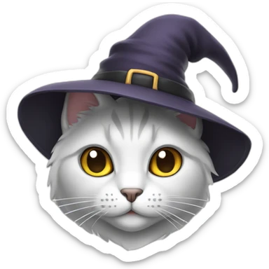 white and grey cat wearing a witch hat sticker
