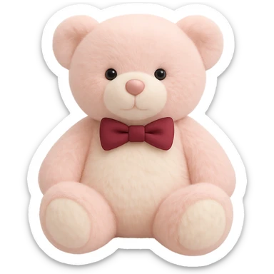 Add a bow tie to the teddy bear, keeping the pink and white fur, flat lighting, no shadows or background, soft plush look, maintain transparency. The style should reflect a soft plush teddy bear with flat lighting and no shadows, isolated on a transparent background. sticker
