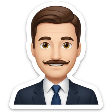 Caucasian man emoji, slicked back brown hair, black suit, navy tie, mustache, smiling sticker