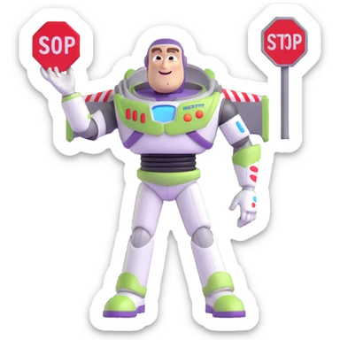 Buzz Lightyear character with a red stop sign above him sticker