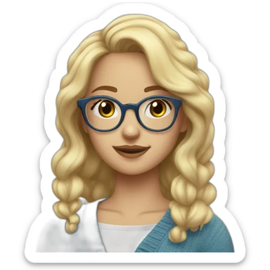 a blonde girl, 23 years old, with transparent! glasses, very cute, with blue cardigan with clouds sticker