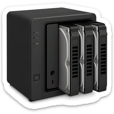 a generic NAS device with hard drives visible, simple and recognizable, not branded sticker