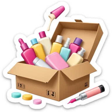 a cardboard box with assorted beauty products like compact, lotion, and nail polish spilling out with a blue background sticker