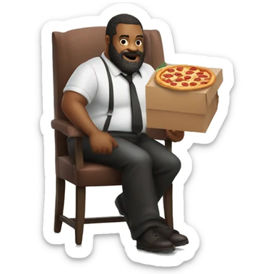 big Man with lipstick on and a beard sitting on chair and holding a pizza box sticker