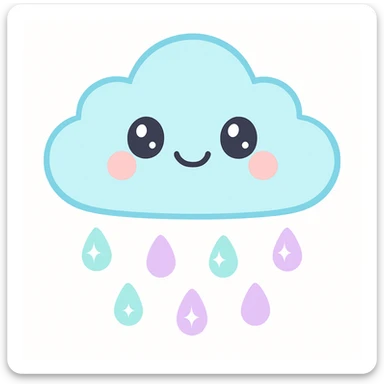 cute rain icon with cloud with blushing cheeks and sparkling raindrops, soft and inviting sticker
