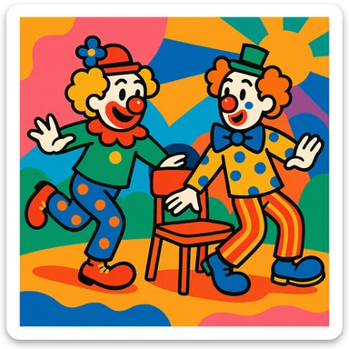 two clowns playing musical chairs, playful and colorful vibrant toon style sticker