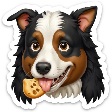 A black and white border collie is chewing on a rotten, smelly cow's hoof. sticker