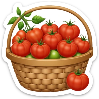 It is an image of fruits including tomatoes in the basket, and there are 5 to 6 fruits sticker