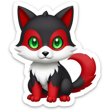 Cute cool black red animal hybrid Fakemon full body, green eyes, white belly, white muzzle sticker