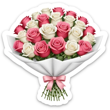 A white paper-wrapped bouquet of fresh roses and baby’s breath sticker