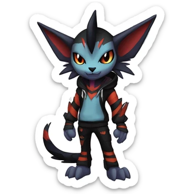 Cool Anthro Black Noivern-Absol-Litten-Pokémon with edgy stripes hoodie spiked collar punk Full Body sticker