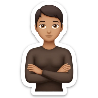 Minimalist human silhouette, upper body only, arms crossed, no facial features, solid dark shape, flat icon style, centered, transparent background sticker