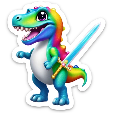 Lisa frank glitter rainbow cute dinosaur with sword and pearls sticker