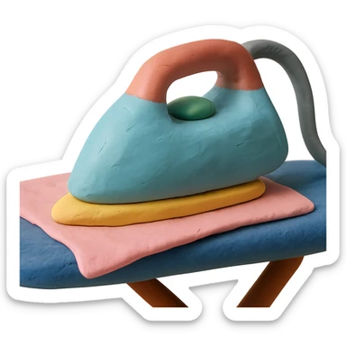 close-up of iron gliding over fabric on ironing board, soft lighting, pastel colors, claymation style sticker