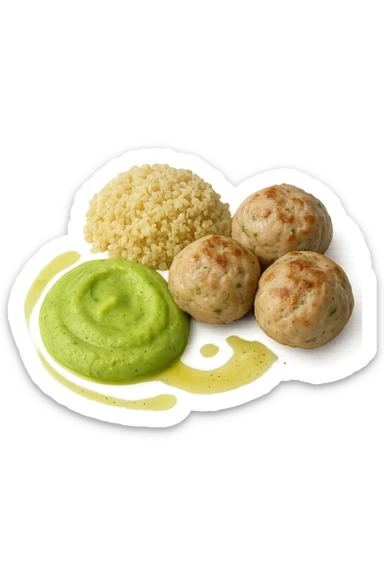 polpette di tacchino, purè di zucchine, quinoa e olio di oliva, iperrealistico 4k sticker