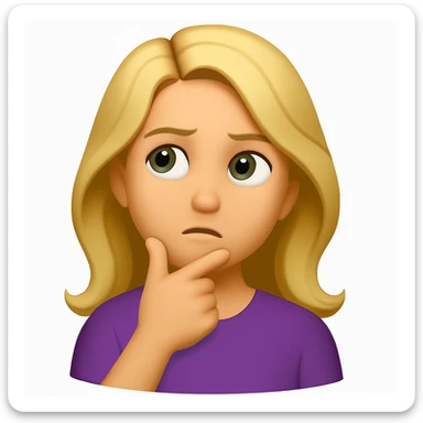 Create an iOS emoji style blonde woman with long hair and pale green eyes, thoughtful expression, based on the appearance in the reference image. sticker