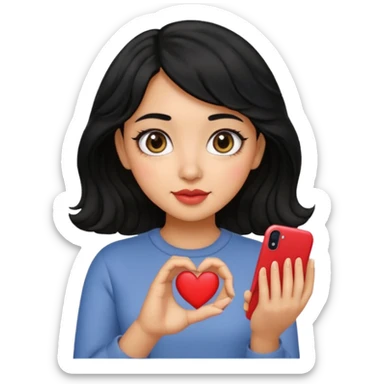 chica de cabello negro, corto y ondulado, haciendo un corazón con la mano, estilo emoji de iPhone, ojos grandes sticker